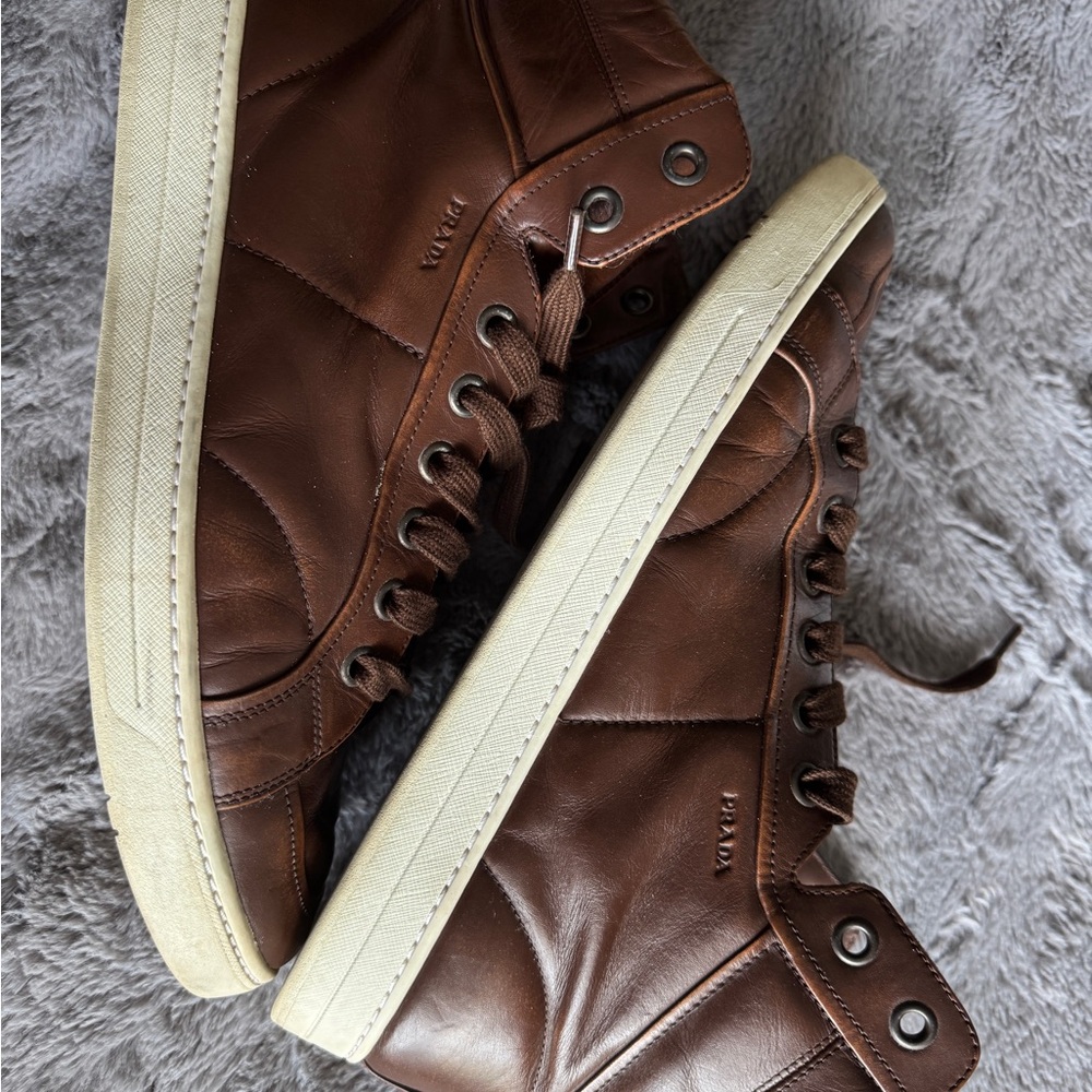 Prada Men's Chocolate Leather High-Top Sneakers